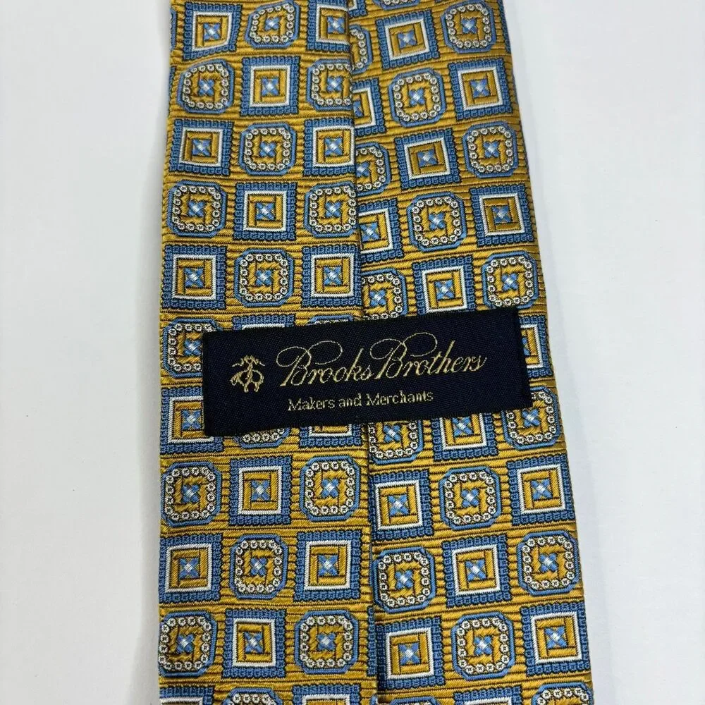 Brooks Brothers Silk Tie yellow blue, Makers And Merchants, geometric, vintage